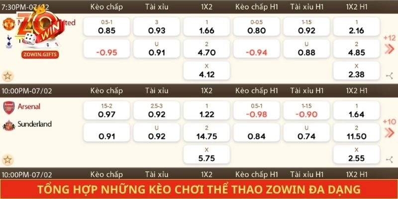 Tổng hợp những kèo chơi thể thao Zowin đa dạng